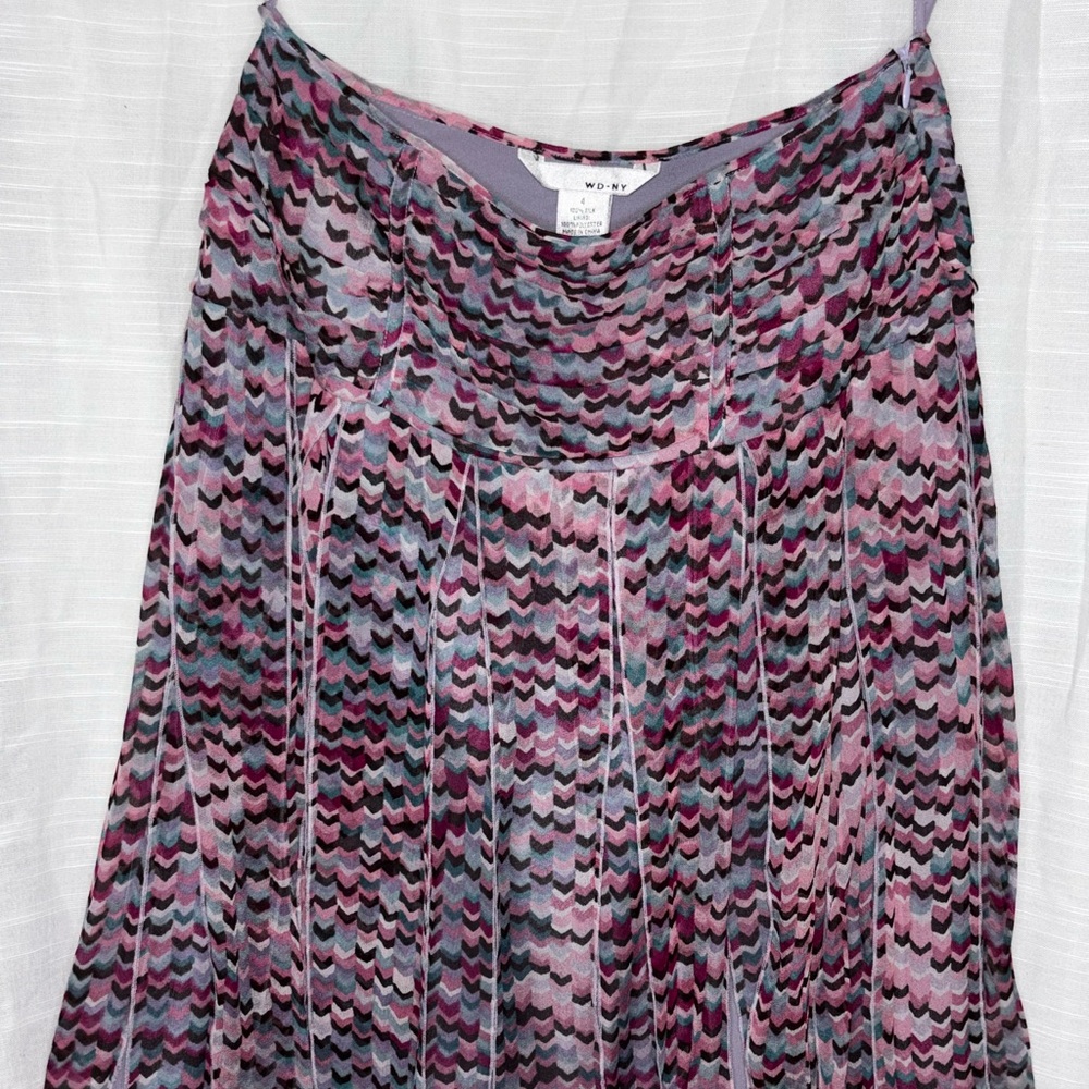 WD·NY Women’s 100% Silk Skirt S 4 Multicolor Chevron Print Fully Lined Boho Midi